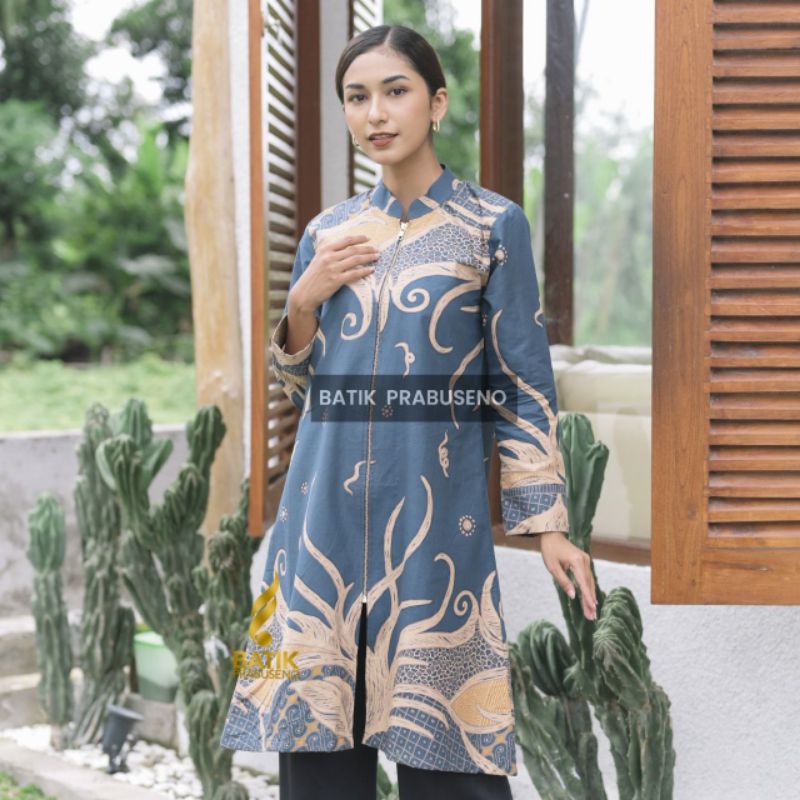Tunik Atasan Baju Wanita Batik Prabuseno MOTIF SAMUDRA BIRU Bahan : Katun Printing Lapis Trikot Zipp
