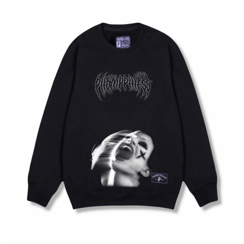 PHOMPPHIESS Sweater Crewneck Hitam Sablon Metal Crewneck Metal Pria Wanita