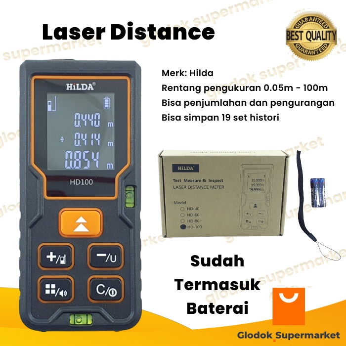 Laser Distance Hilda 100 Meter Alat Ukur Jarak Dimensi Meteran 100m Digital HD10p