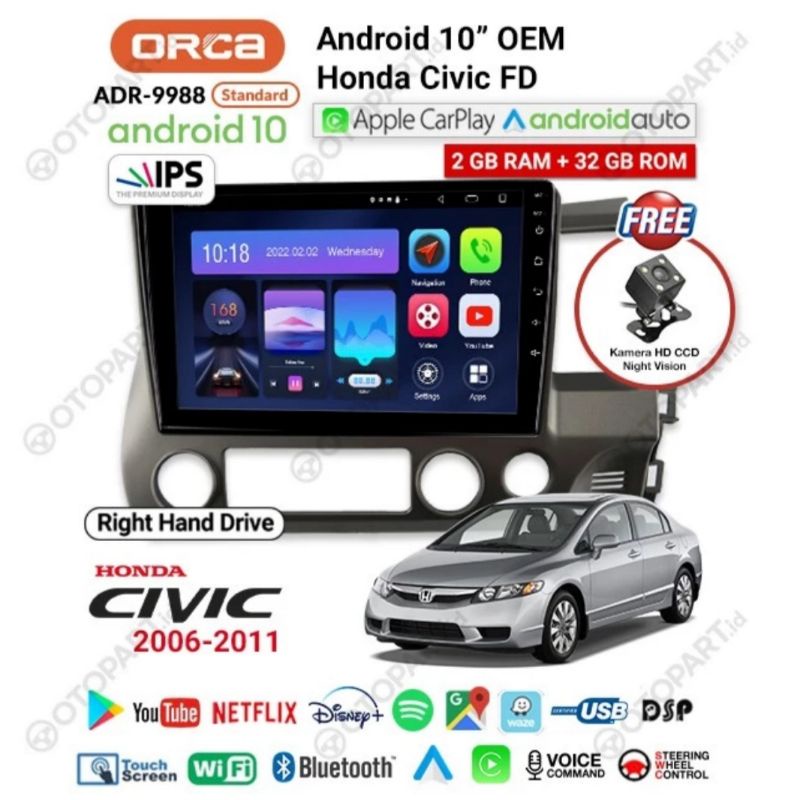 Head Unit ANDROID 10 inch CIVIC FD 2006 - 2011 ANDROID ORCA ADR 9988 ANDROID AUTO APPLE CARPLAY ORCA ADR 9988 NEW SERIES