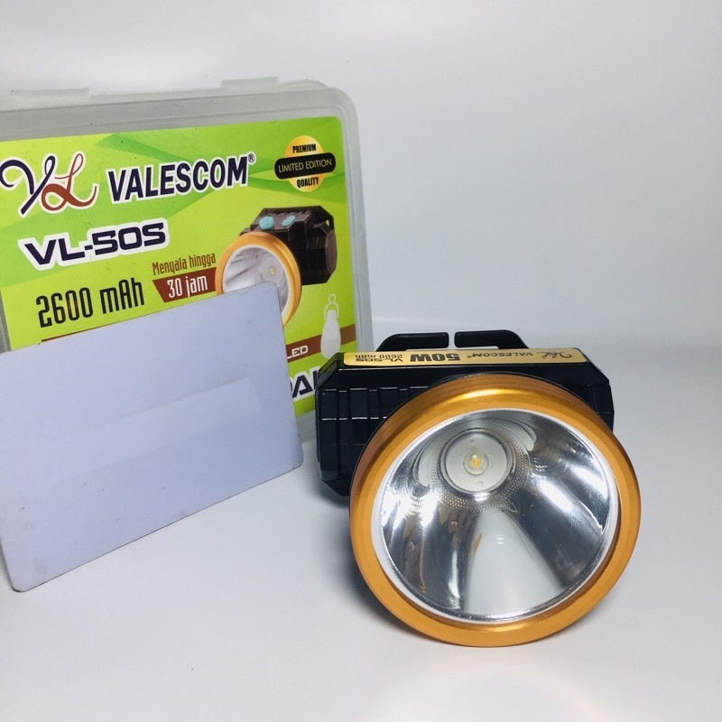 Valescom Senter Kepala 50W VL-50S 50 Watt Cahaya Putih / Kuning Rechargeable Cas Ulang + GRATIS Bohlam Lampu LED