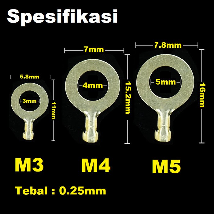 Ring Skun Tipis Socket Terminal Soket Bulat Kabel Kecil Baut M3 M4 M5