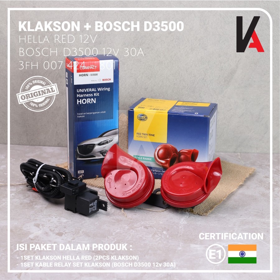 KLAKSON HELLA KEONG RED TWIN TONE HORN 12V + KABEL RELAY BOSCH D3500