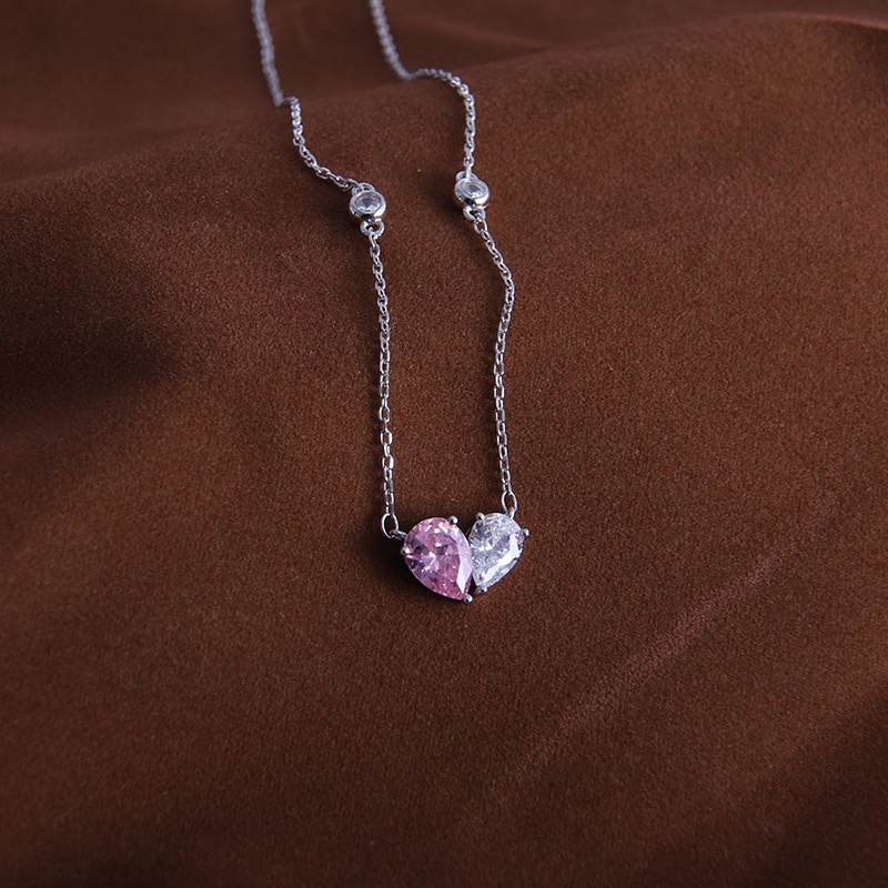 Pandora Kalung 925 Silver Dengan Liontin Hati Warna Pink Dan Putih Untuk Wanita