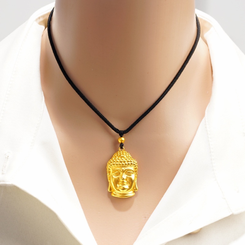 Goldkingdom Fashion Perhiasan Emas Asli Kadar 375 Bangkok Aksesoris Ready Stock Beruntung Buddha Kepala Liontin Adjustable Tali Lembut Retro Kalung