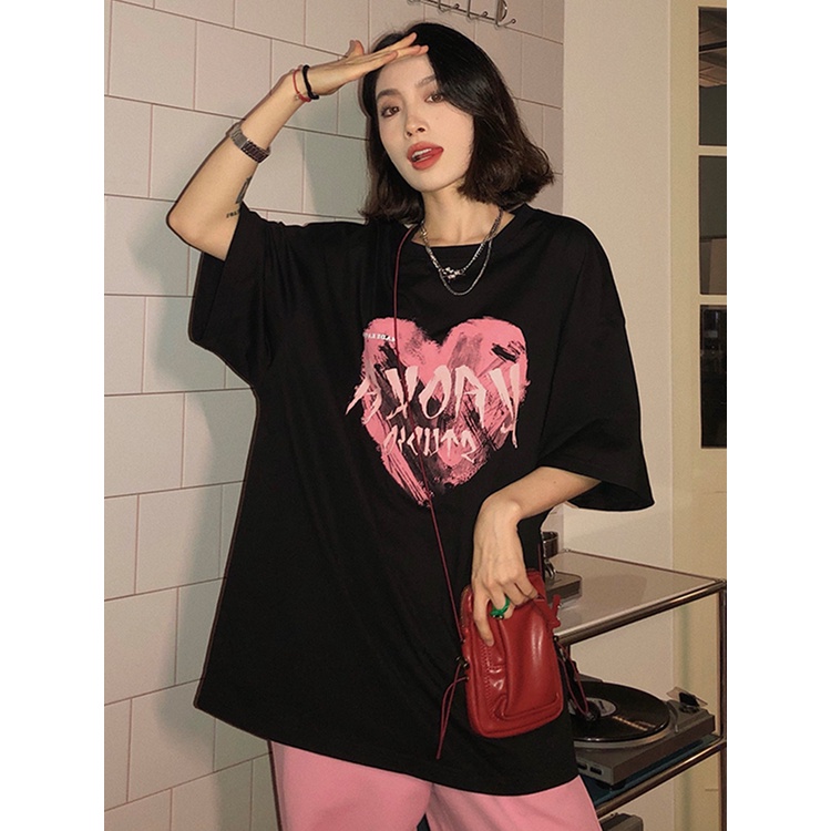 EUNII T-shirt Lengan Pendek surat cinta Pencetakan Longgar Korean Style/Kaos Atasan Wanita/Baju Kaus Oversize Wanita