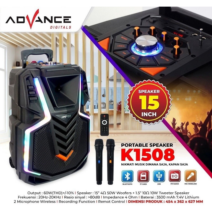 Speaker Portable Advance K1508 Speaker Bluetooth 15'' + 2 Mic Wireless-new