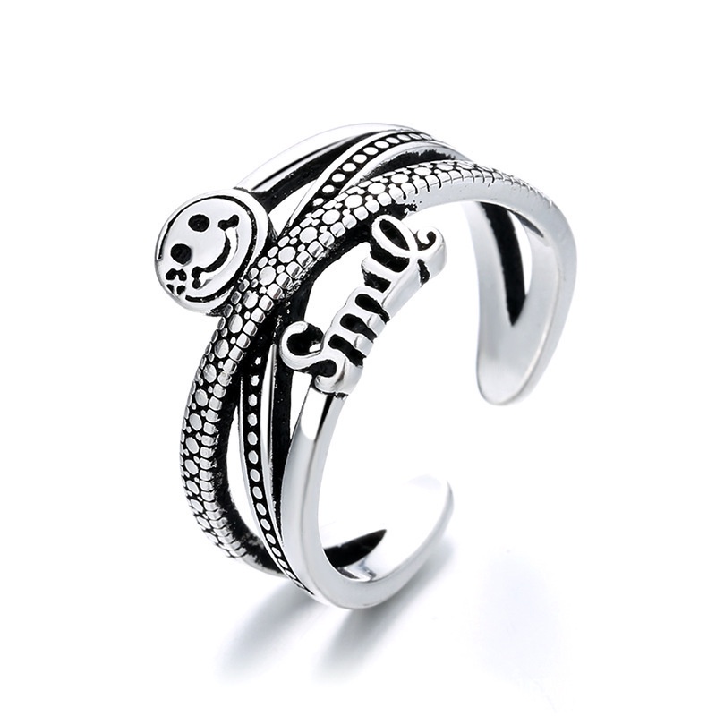 Cincin Jari Telunjuk Model Terbuka Banyak Lapis Desain Wajah Tersenyum Aksen Berlian Imitasi Gaya retro Korea Untuk Pria