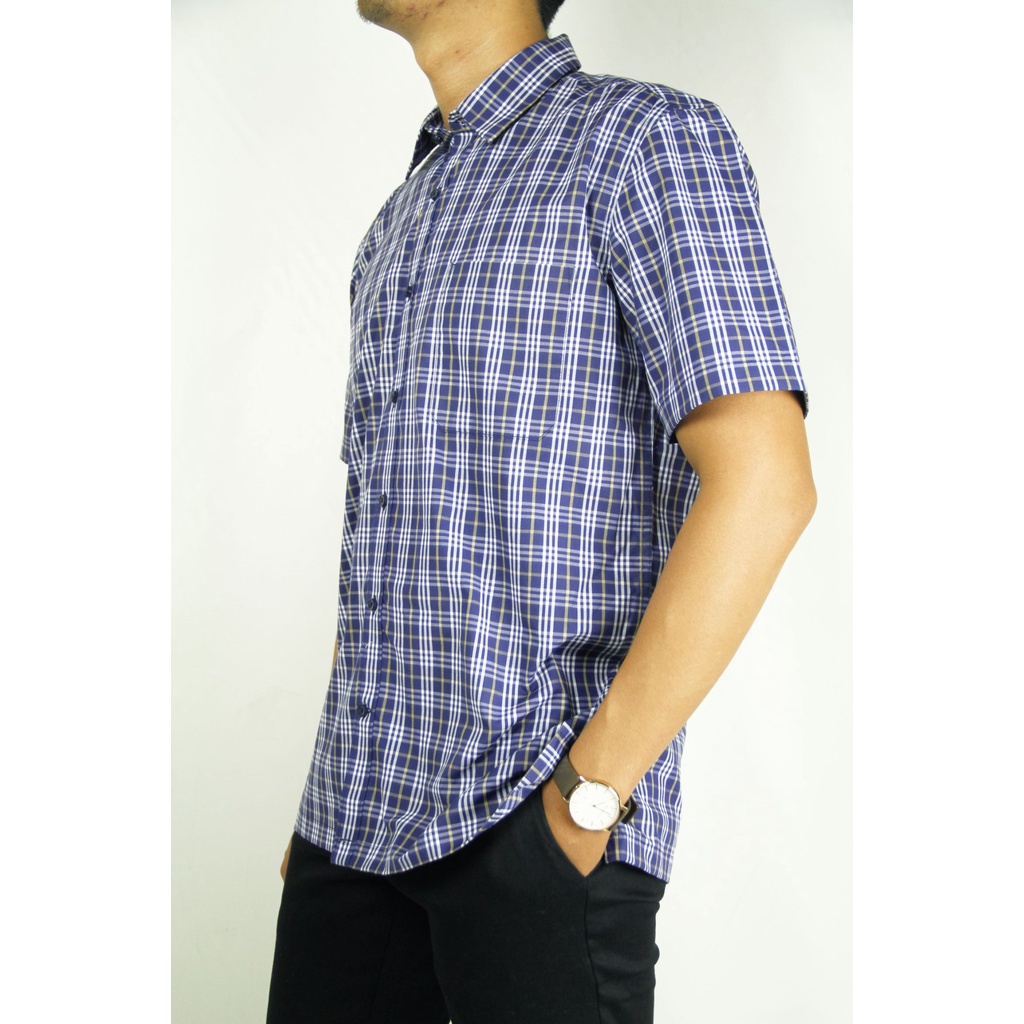 | COD | Kemeja Original Brand Matahari Dept Store Kemeja Pria Reguler Stanley Adams Lengan Pendek Biru Navy Motif Kotak 14