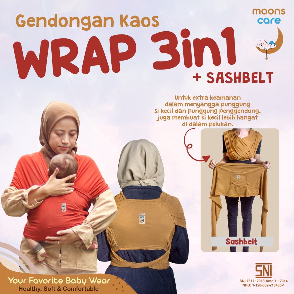 moons care SNI Gendongan Bayi 3in1 Instan Baby Wrap dengan Sash Belt Geos Gendongan Bayi Depan M Shape Baby Wrap 3in1 Geos Baby Instan