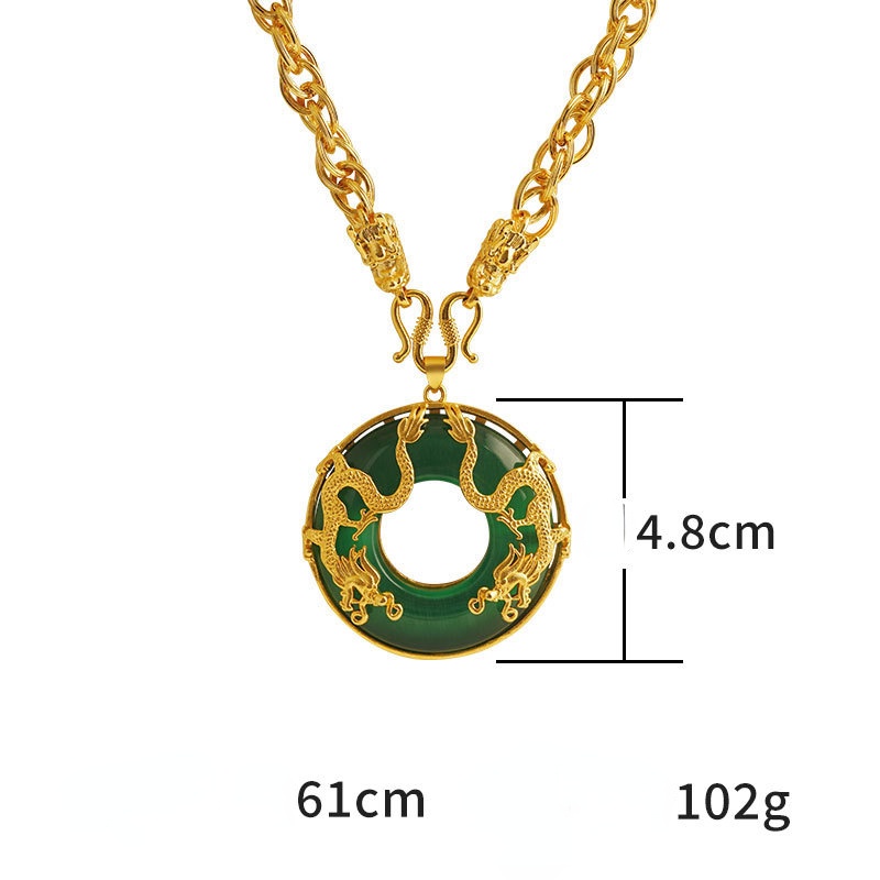 Goldkingdom Fashion Perhiasan Emas Asli Kadar 375 Bangkok Aksesoris Ready Stock Mendominasi Naga Ganda Hijau Kalsedon tag Menguntungkan Kalung Liontin