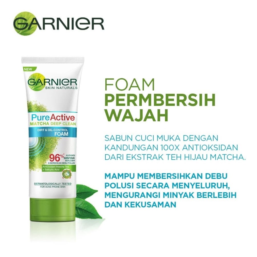 Garnier Pure Active Series Acne &amp; OIl Clearing Foam dan Scrub, Matcha Foam, Sensitive Cleansing Gel 100 ML