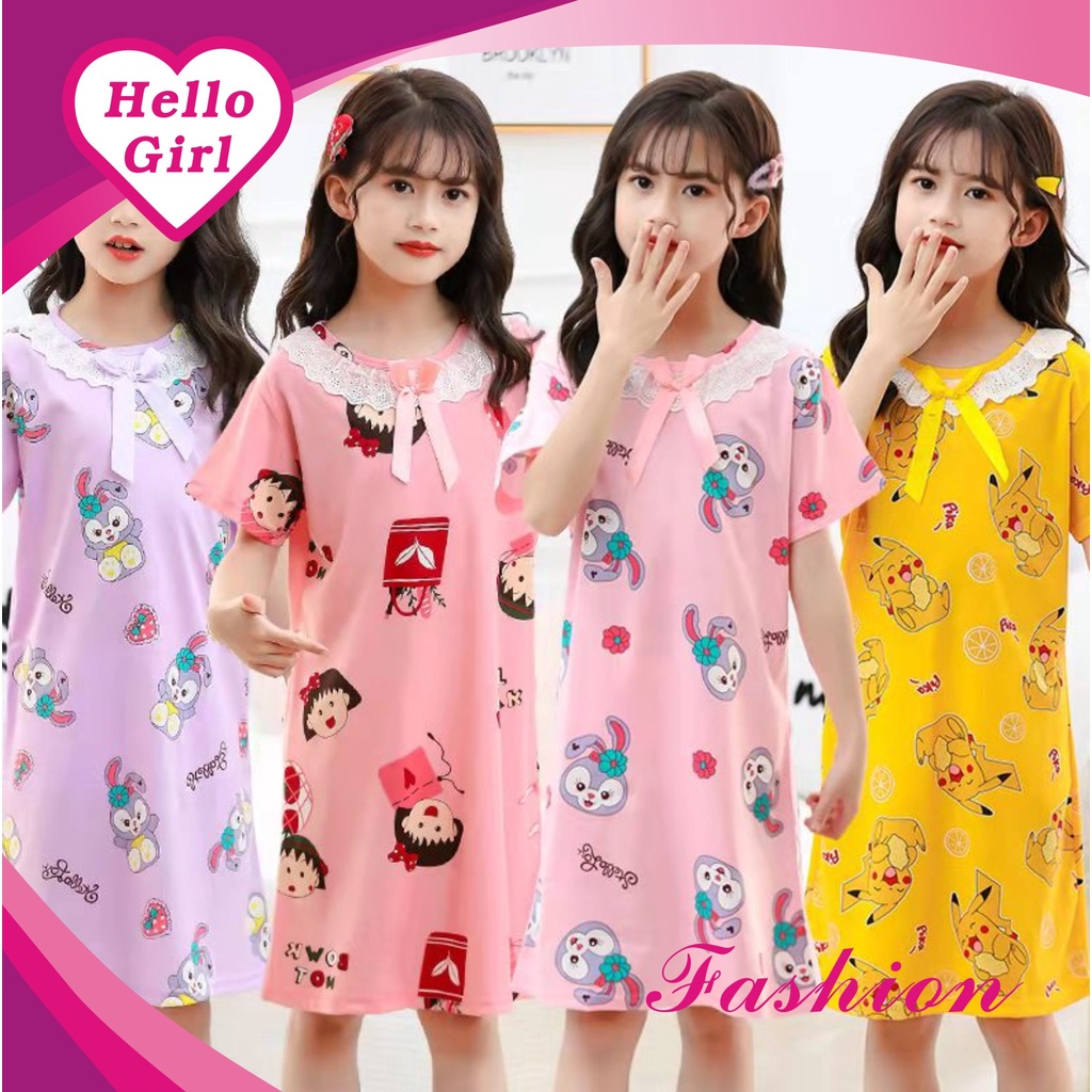 (Hello Girl)SY-01 Dress Tidur Anak Kerah Renda Motif  Kartun Import