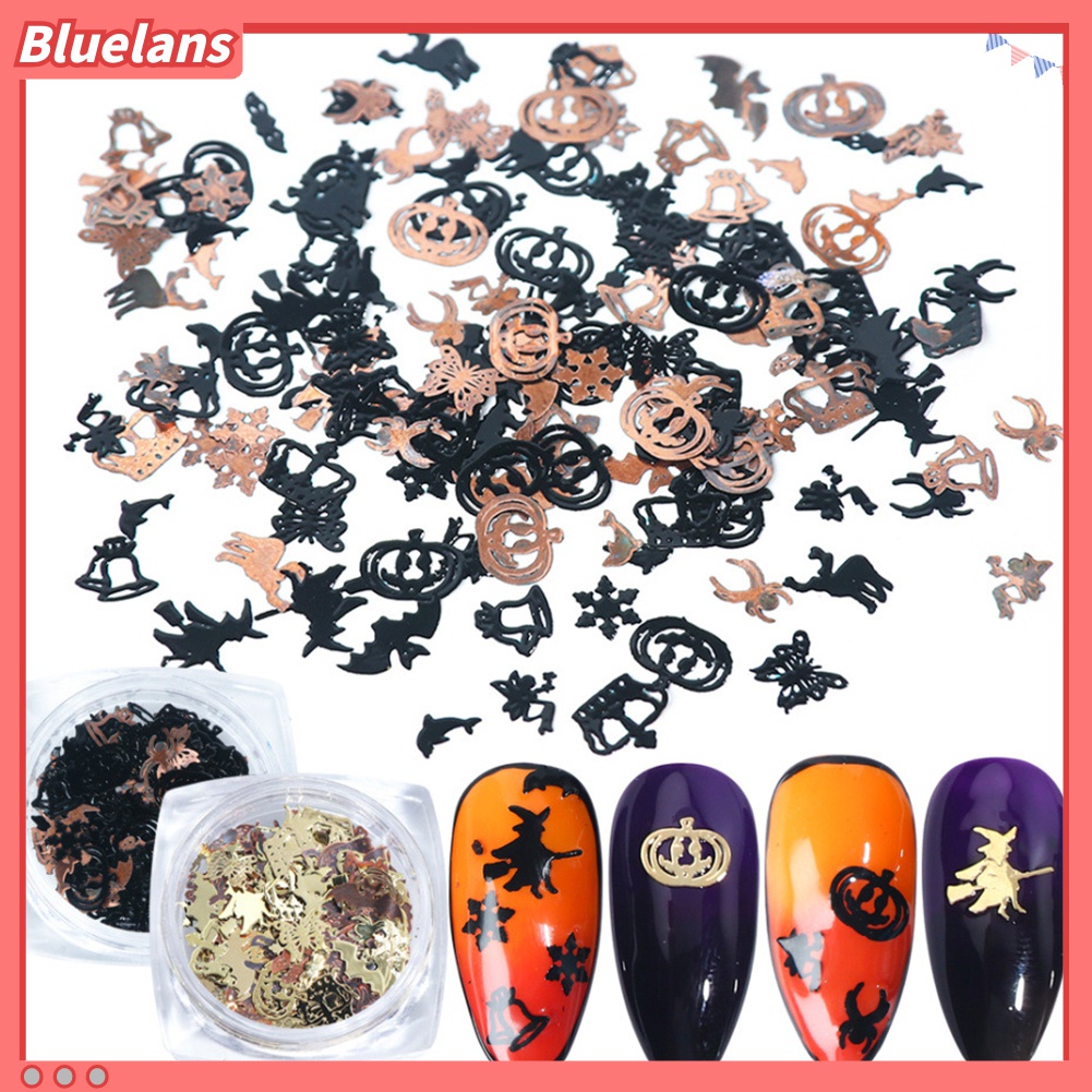 (In Stock) Kacamata Hitam Lensa Warna Warni ♡120pcs Stiker Kuku 3D Bentuk Labu Kelelawar Halloween Bahan Alloy