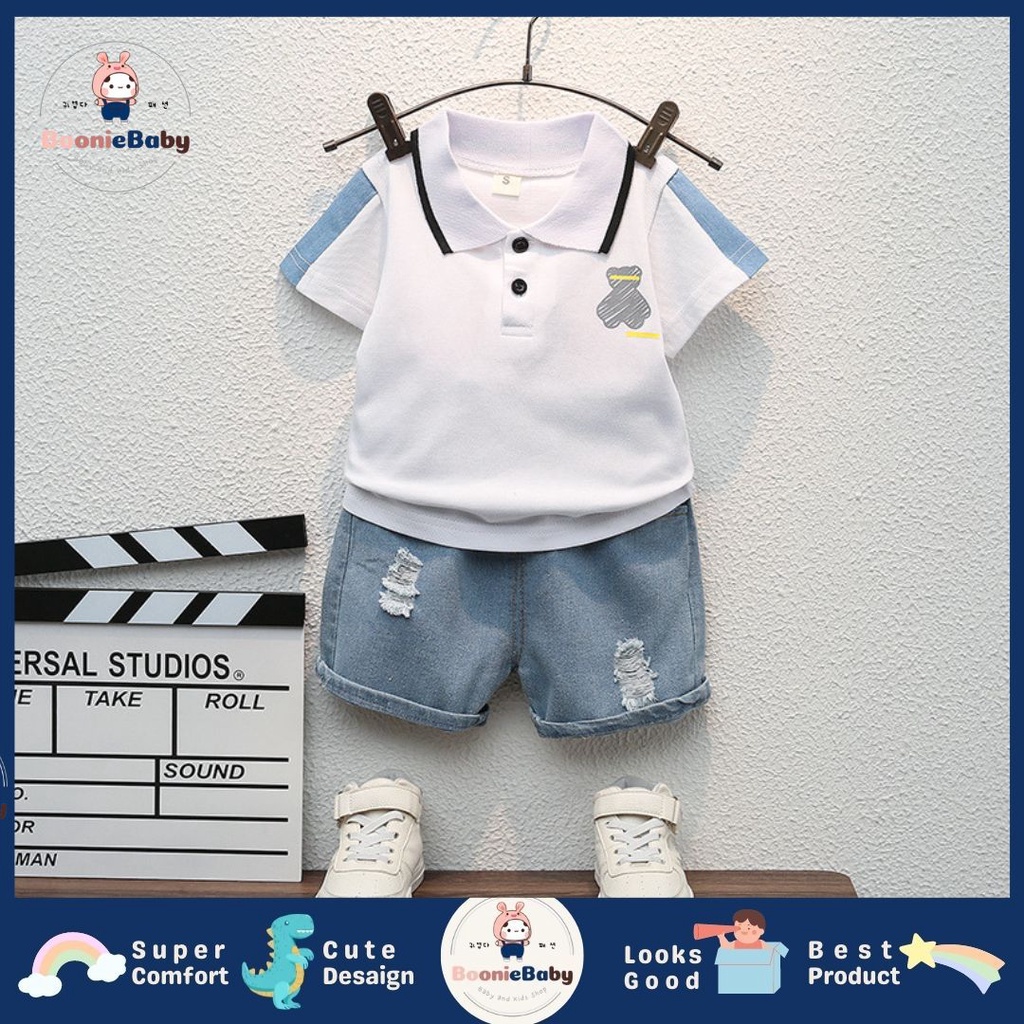 boonie [COD] setelan kaos polo celana pendek denim bear anak laki laki usia 1 2 3 4 5 fashion import SET SILVERBEAR