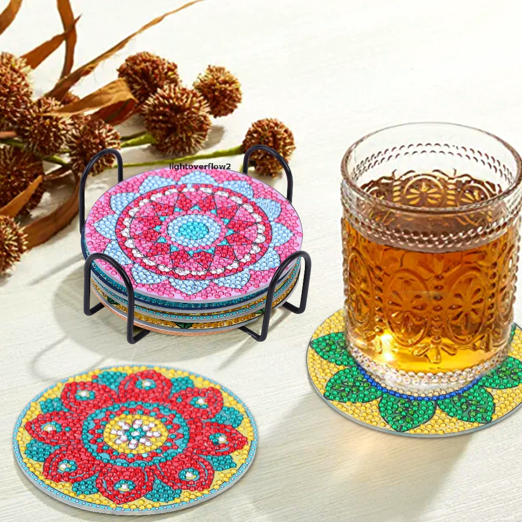 (lightoverflow2) 8 Pcs Coaster / Tatakan Gelas Motif Mandala Aksen Berlian Untuk Dekorasi DIY