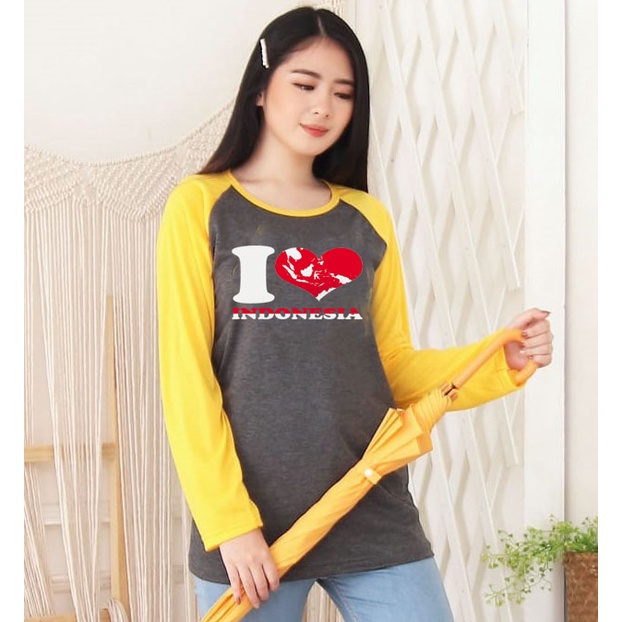 Kaos Raglan Panjang Abu Tua Bertuliskan I Love Indonesia