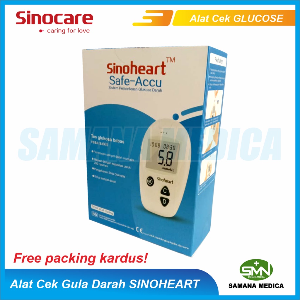 ALAT Tes Gula Darah SINOHEART Safe Accu Sinocare (1 Alat test Glukosa, Lancing Pen, 1 dompet cantik dan bettery) Alat Promo Murah