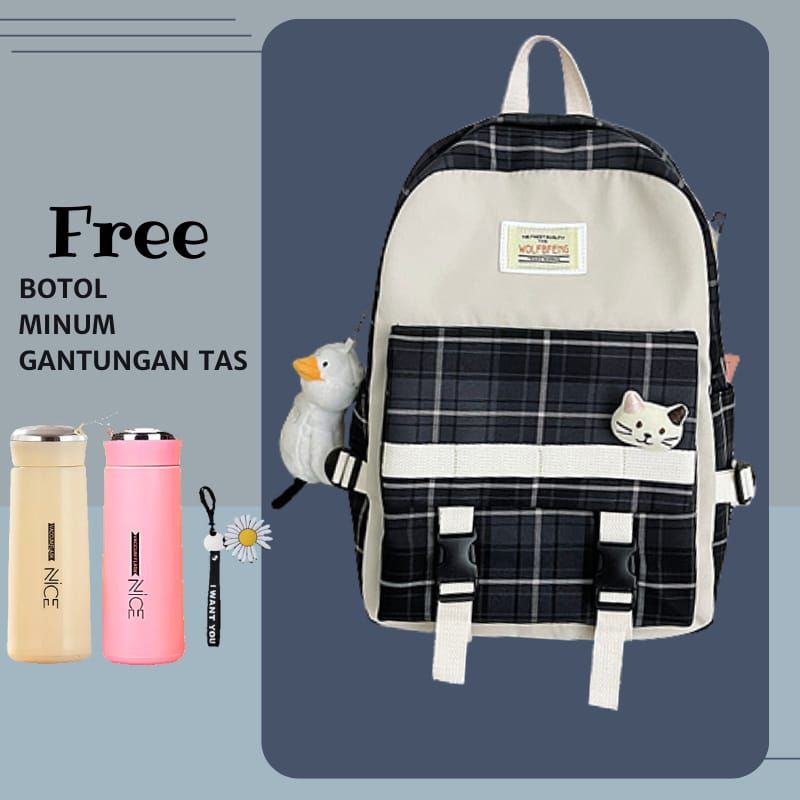 GTB~Tas Ransel Sekolah Anak Tas Sekolah Wanita Kotak Kotak Terbaru Free Botol Minum