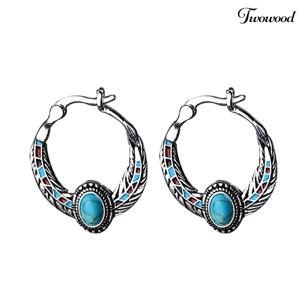 Anting Juntai Bentuk Bulu Aksen Turquoise Imitasi Gaya Vintage Untuk Wanita