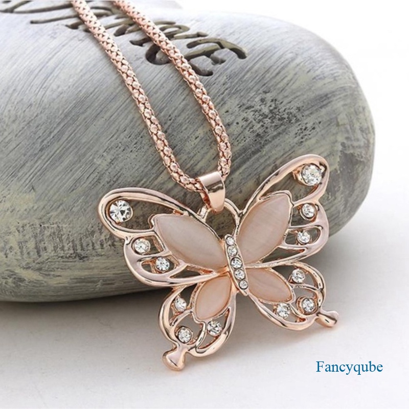 Fancyqube Fancycube Kalung Liontin Kupu-Kupu Opal Warna Rose Gold Untuk Wanita