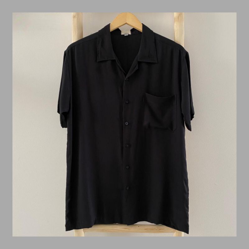 kemeja Bowling Hawai Rayon Polos Hitam Pria