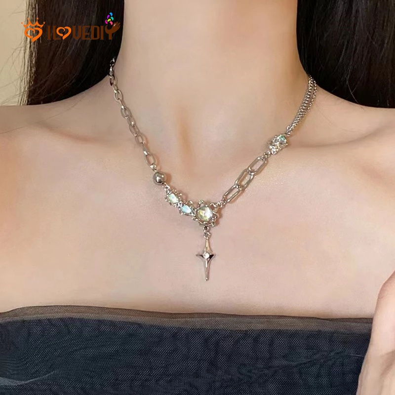 Kalung Rantai Klavikula Hias Liontin Salib Batu Bulan Warna Silver Gaya Korea Untuk Wanita