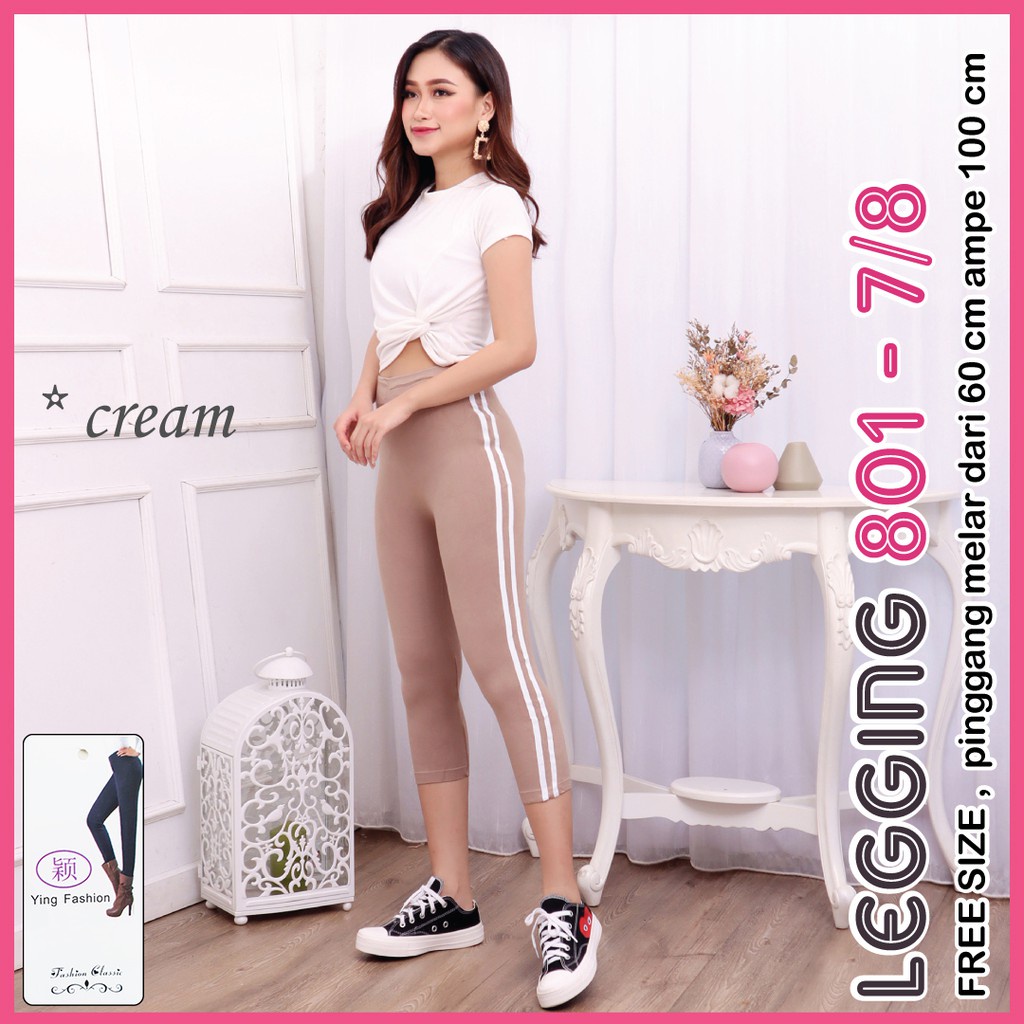 LEGGING STRIPE #801 Pendek / Legging stripe putih 7/8 - legging strips putih / Legging Wanita