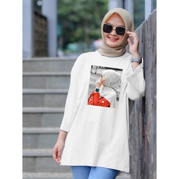 KAOS OVERSIZE TOP HIJAB WANITA BASIC DTF HIJAB RED / OVERSIZE SLIT BLOUSE DIGITAL PRINT