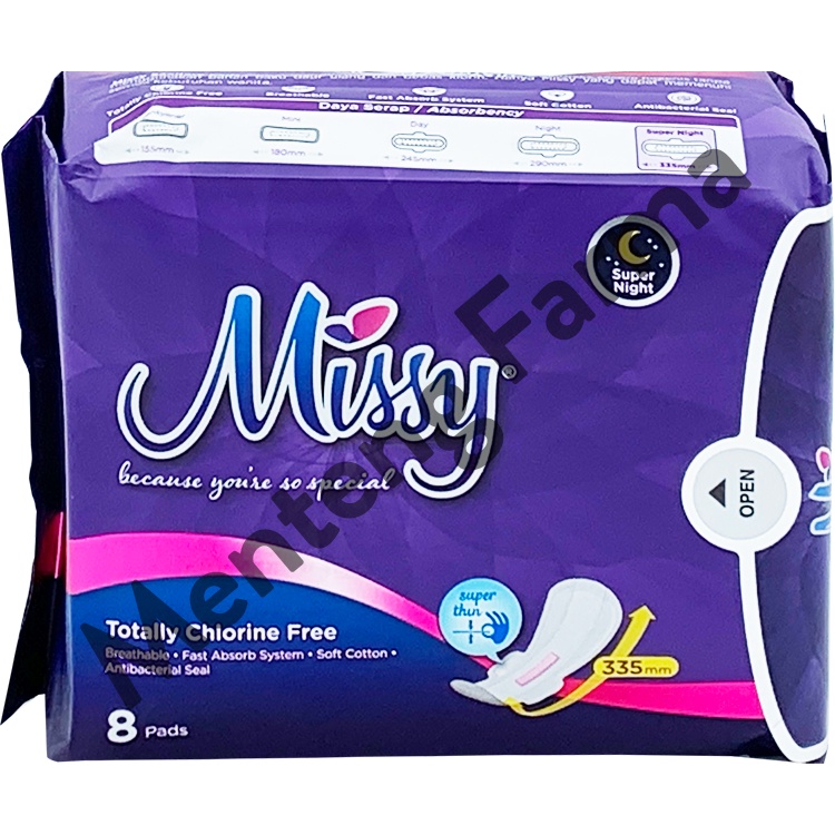 Pembalut Missy Super Night Wings 335 mm 8 Pads | Pembalut Wanita Daily Lebih Panjang Khusus Malam