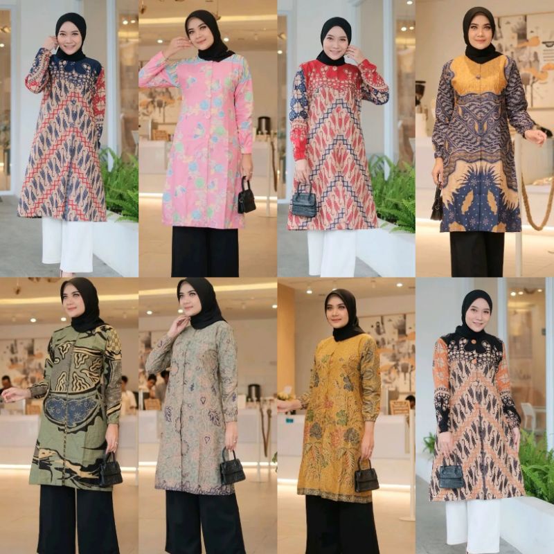 Tunik kantoran Batik Solo Premium Atasan Batik Warna Biru Wanita Batik Cap Lapis Furing Batik Kerja Modern