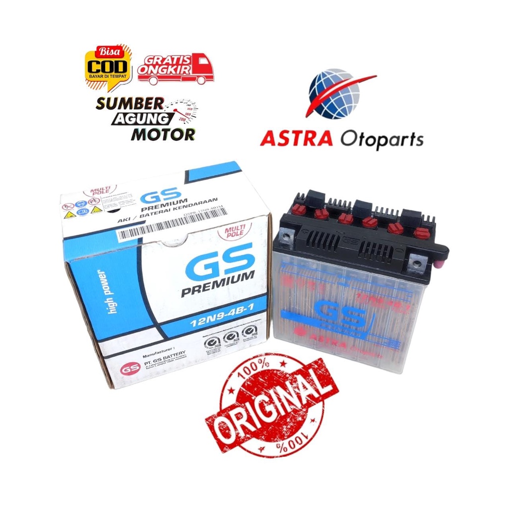 AKI ACCU BATERAI BASAH THUNDER 125 BAJAJ PULSAR VESPA ET4 12N9-4B12V-9AH GS ASTRA