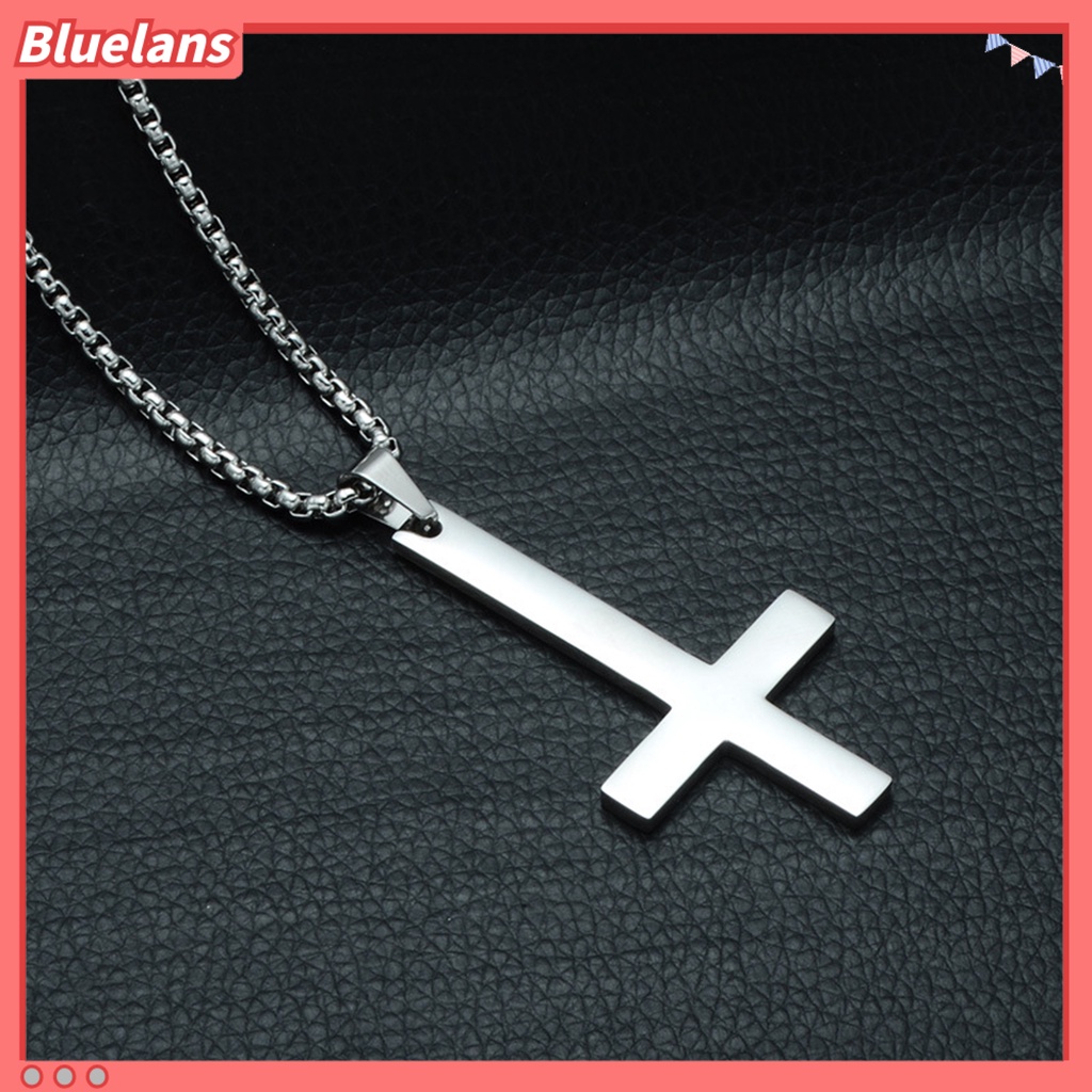 Bluelans Kalung Rantai Liontin Salib Terbalik Bahan Stainless Steel Untuk Pria