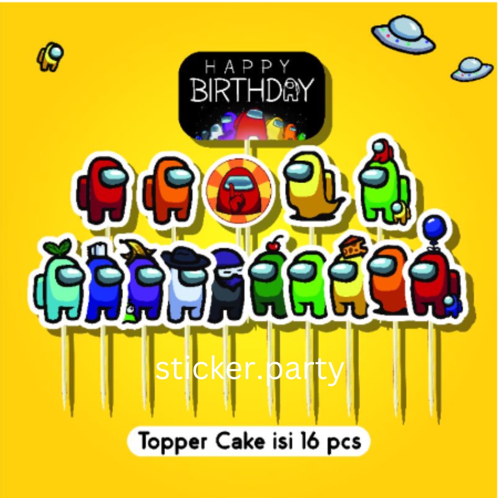 TOPPER CAKE AMONG US HIASAN KUE ULANG TAHUN ULTAH HBD HEY AMONG US HIASAN KUE TART LILIN ULTAH GAME