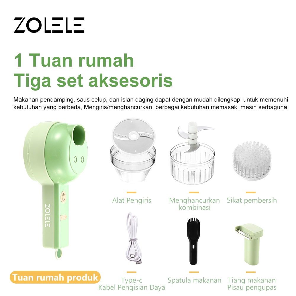 ZOLELE Electric Blender Wireless Chopper Multifungsi 4 in1 Alat Pemotong Sayuran Daging Genggam USB Charging Set Food Vegetable Onion Slicer Penggiling Cabe Cutter Fruit Slicer Grater Food Cooking Processor Mini ZD003