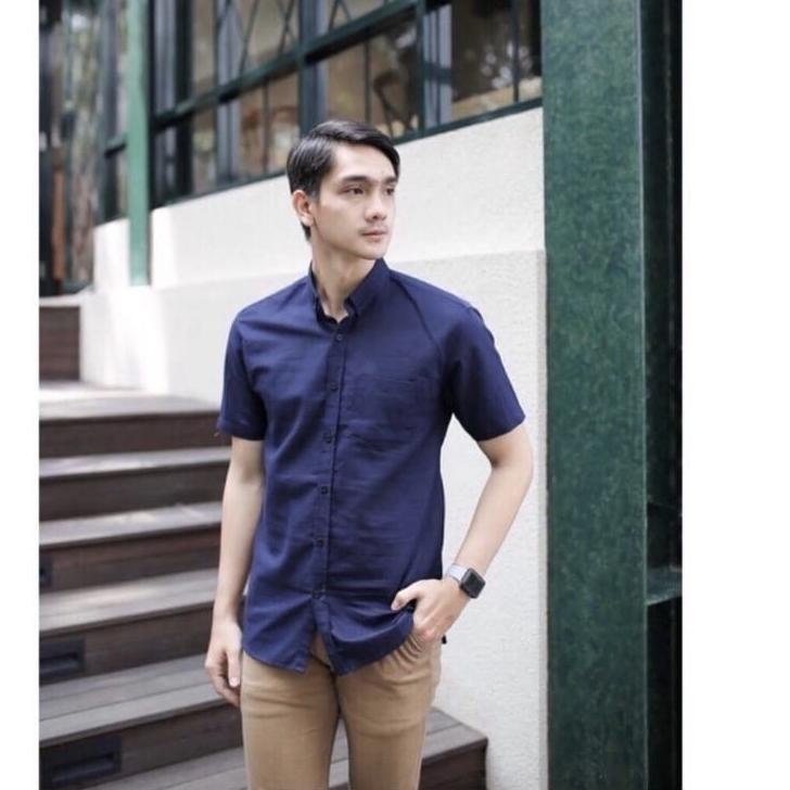 Langsung Kirim Kemeja Pria Cowok Polos Tangan Lengan Pendek HeM Slimfit Casual Kantoran Murah Hitam 