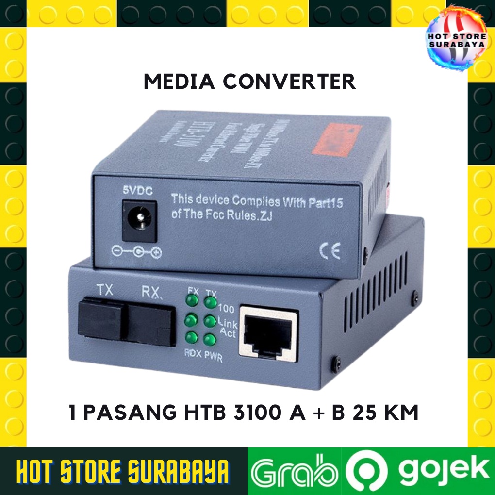 HTB-3100 Media Konverter Fiber Optik Single Mode dengan 5V 2A EU adaptor PREMIUM QUALITY