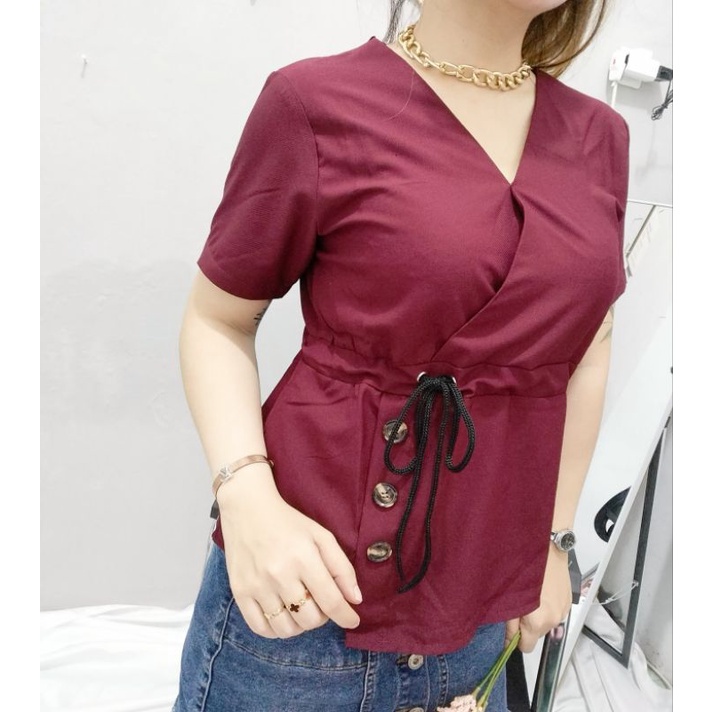 Cherry_ atasan blouse serut variasi kancing hidup bahan Polyester