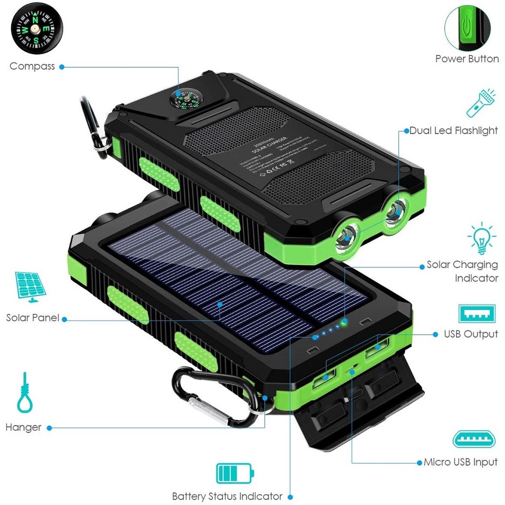 Solar Powerbank 50000mAh Bank Daya berkapasitas tinggi Tahan Air Drop-proof dan Tahan Lama 2 Output Pengisian Cepat
