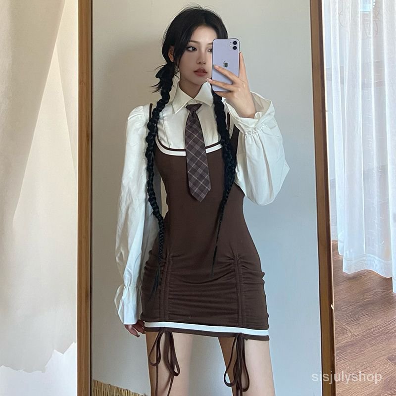 Hot Girl Serut Lipit Dress Wanita + Lengan Berkobar dan Dasi Pendek Top Dua Potong Set