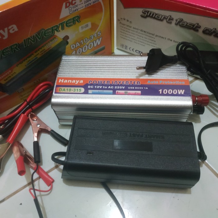 Power Inverter 1000 Watt Plus Charger Aki Accu 5 Ampere 12V