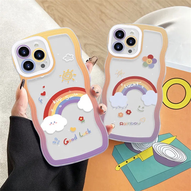 Soft Case TPU Transparan Pinggiran Gelombang Pelangi Cover iPhone 14 13 12 11 Pro Max X Xr Xs Max 8 7 6 6s Plus