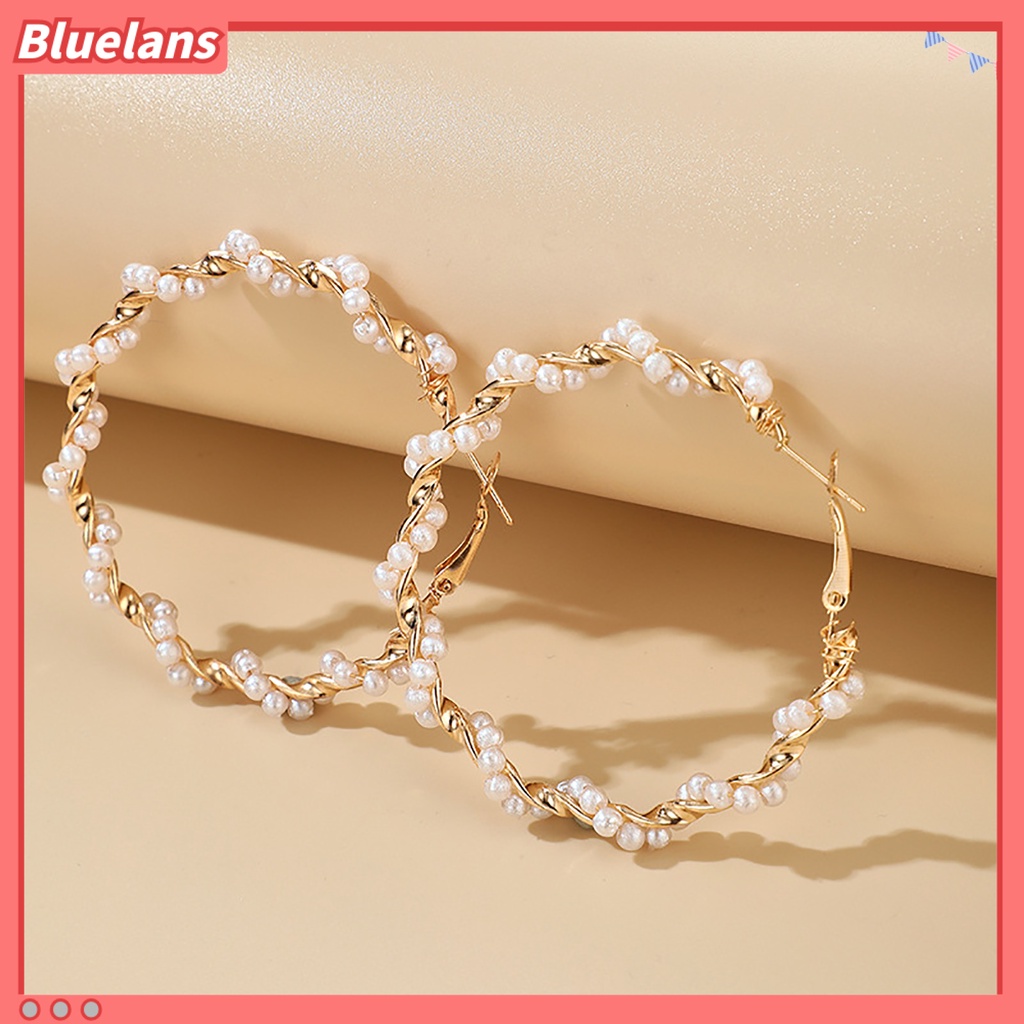 Bluelans Anting Stud Bentuk Lingkaran Spiral Besar Aksen Mutiara Imitasi Untuk Pesta