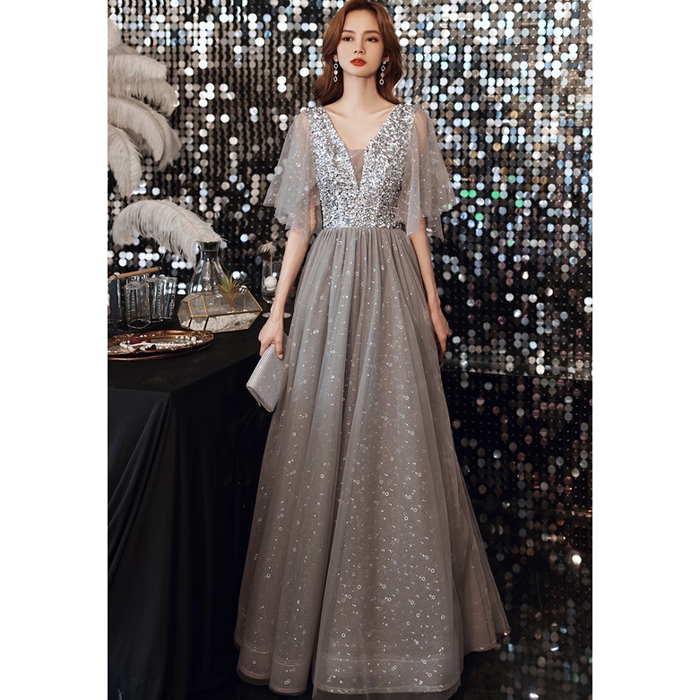 Gaun Pesta 2210013 Abu SIlver Lengan Siku Party Dress