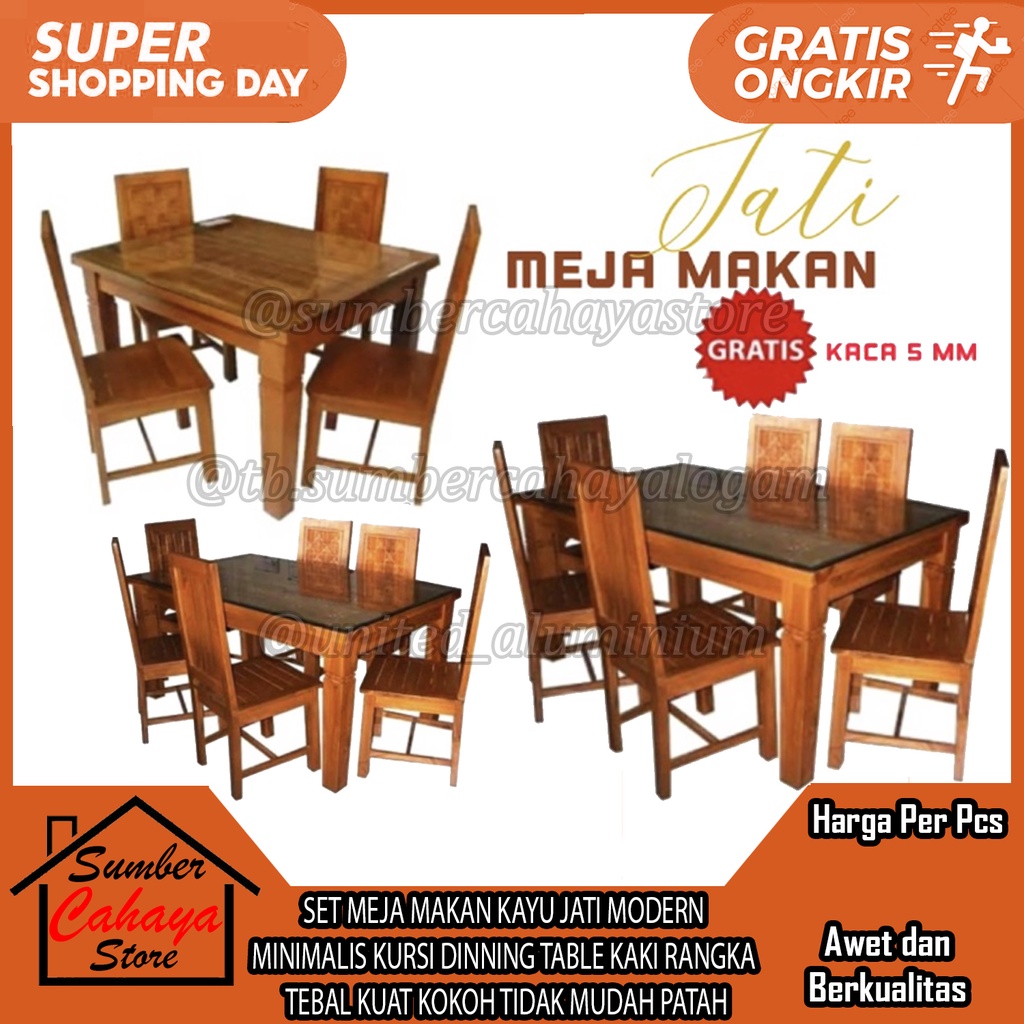 SET MEJA MAKAN KAYU JATI MODERN MINIMALIS KURSI DINNING TABLE KAKI RANGKA TEBAL KUAT KOKOH TIDAK MUD