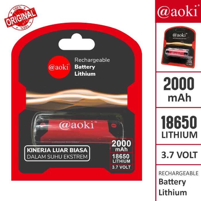 Baterai Battery Lithium 18650 2000mAh Recharger AOKI ORIGINAL Kualitas Bagus