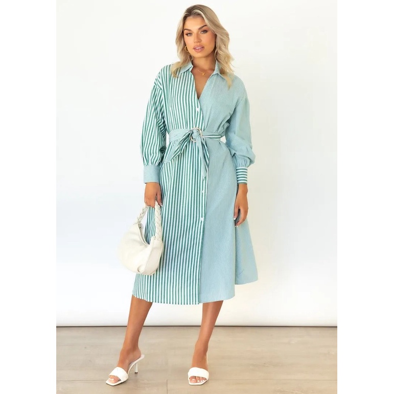 Long Shirt Dress Stripe Hijau Garis-garis Katun Korean Import 68199
