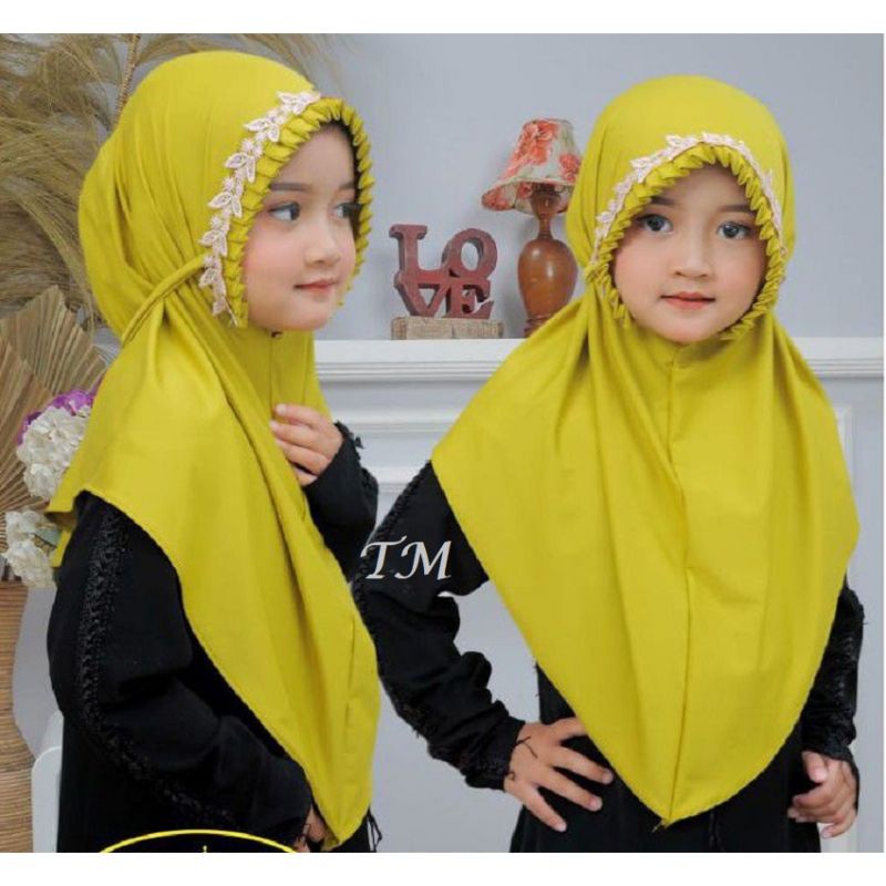 Jilbab anak bergo maryam kcb anak renda daun diamond crep / Bergo anak / Hijab anak instan