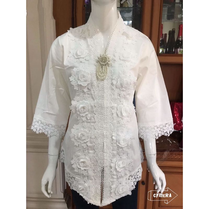 Kebaya Encim Brukat Modern Aplk Bunga Premium Putih Bros Kebaya Brukat Modern