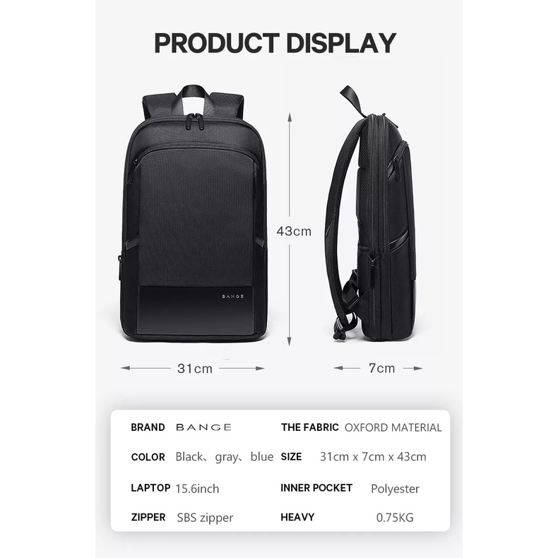 BG77115 Tas Bange Backpack Pria Ransel Laptop15.6 inch Slim Expandable - Hitam slim